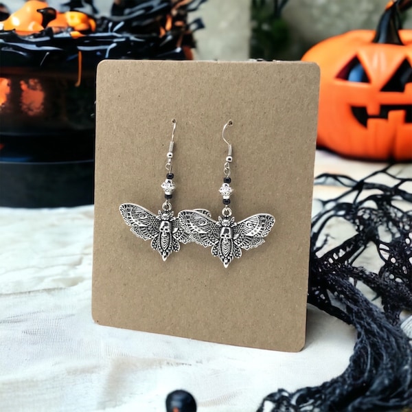 Antique Silver Death Head Moth Earrings-Antique Silver Death Moth-Halloween Earrings-Goth-Punk-Oddities Earrings