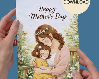 Illustrated Mothers Day Card, First Mothers Day, Expecting Mom, Instant Download PDF, Mom Hugging Daughter, Colorful Mom Card, Gift For Mom