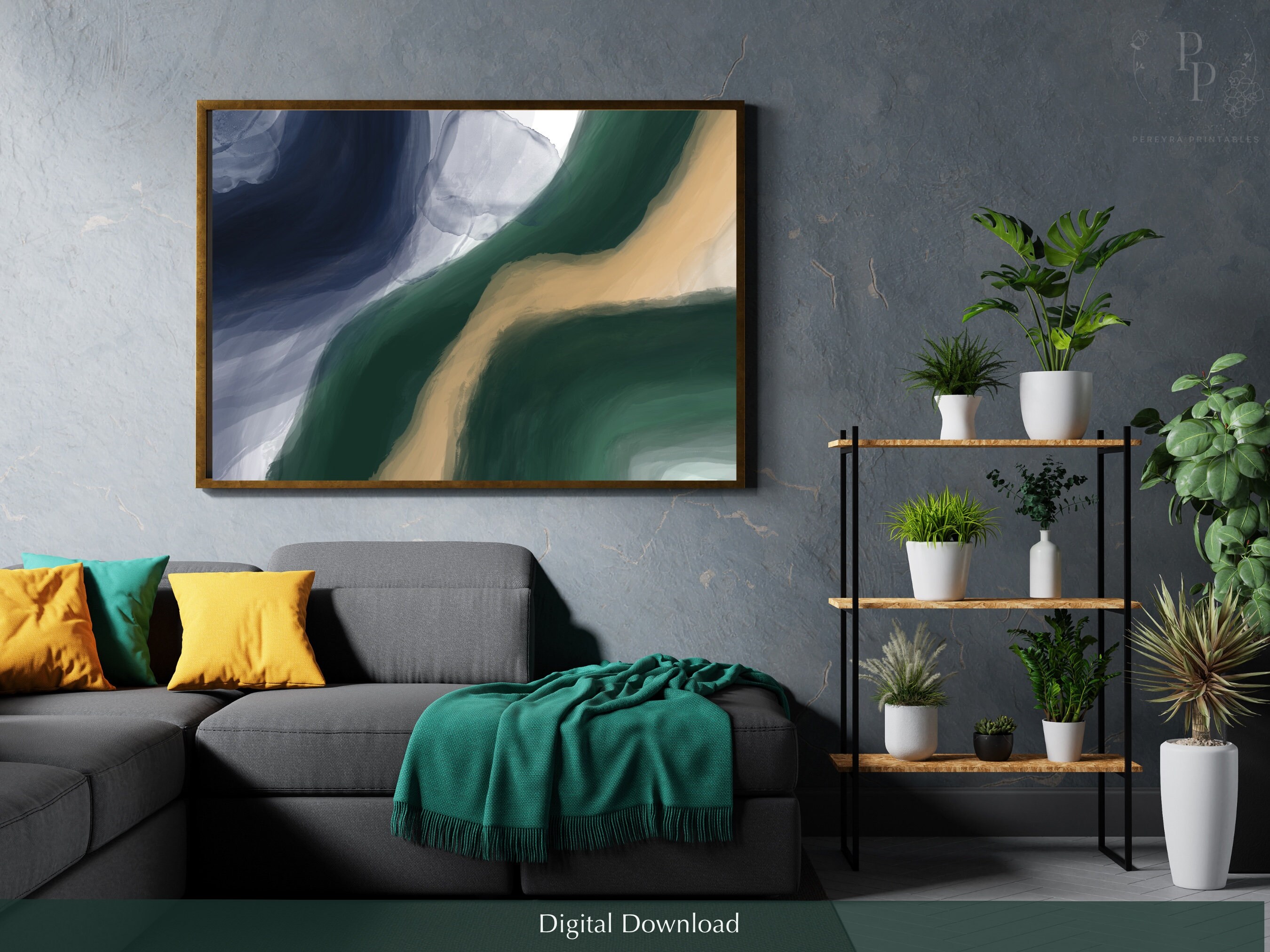 Emerald Green and Navy Blue Wall Art, Printable Art, Set of 2, Organic ...