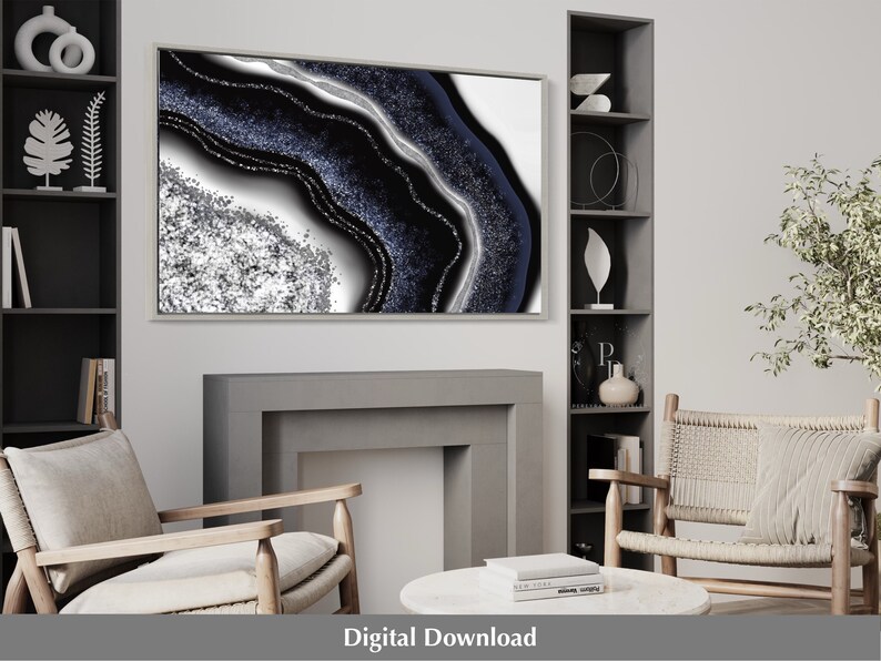 Navy Blue and Silver Art, Printable Wall Art, Agate Print, Geode Print, Cheap Wall Art, Geode
