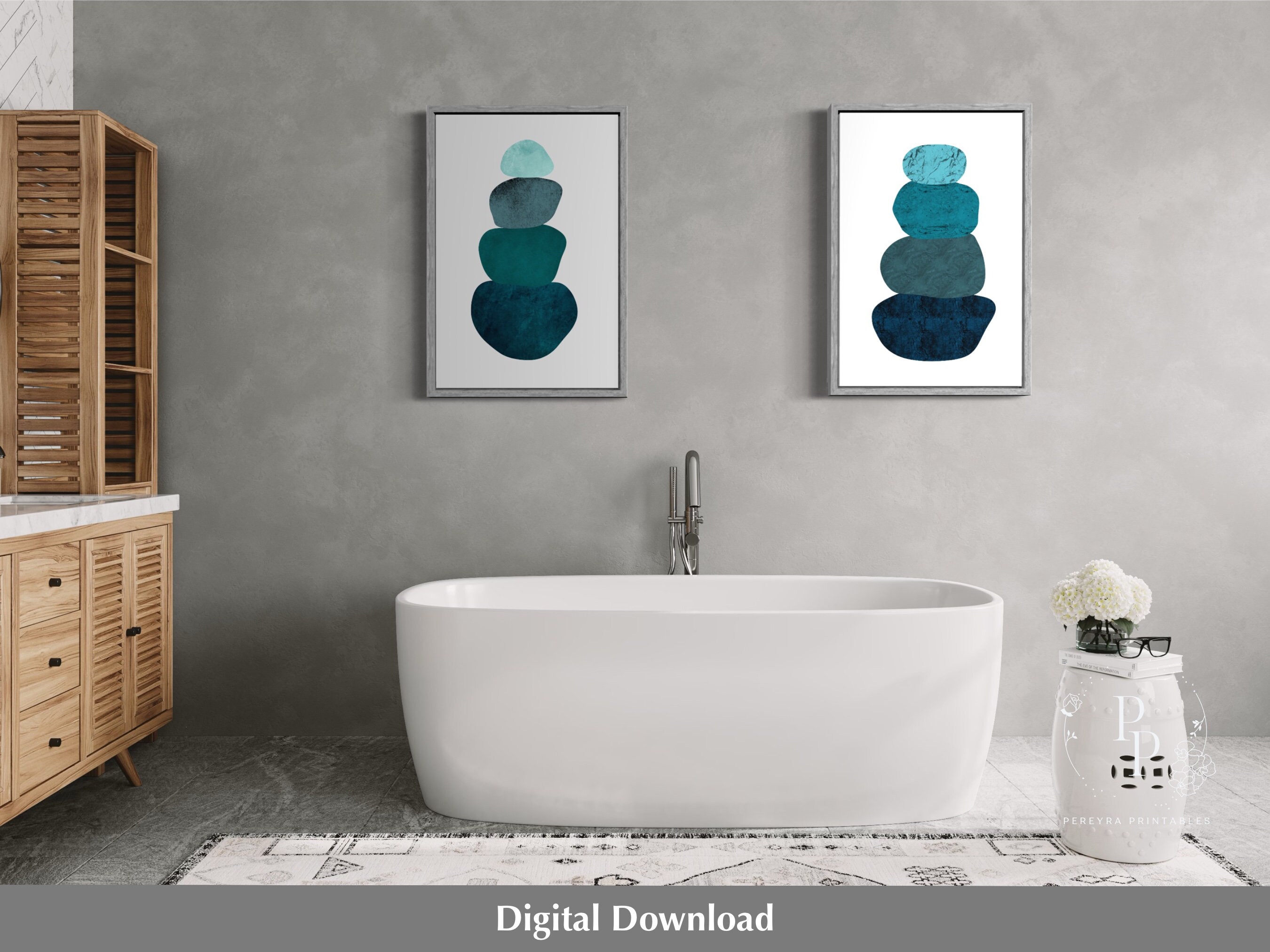Printable Balancing Rocks 2 Piece Balancing Teal Stones Printable, Stacked Rocks Print, Balancing ...