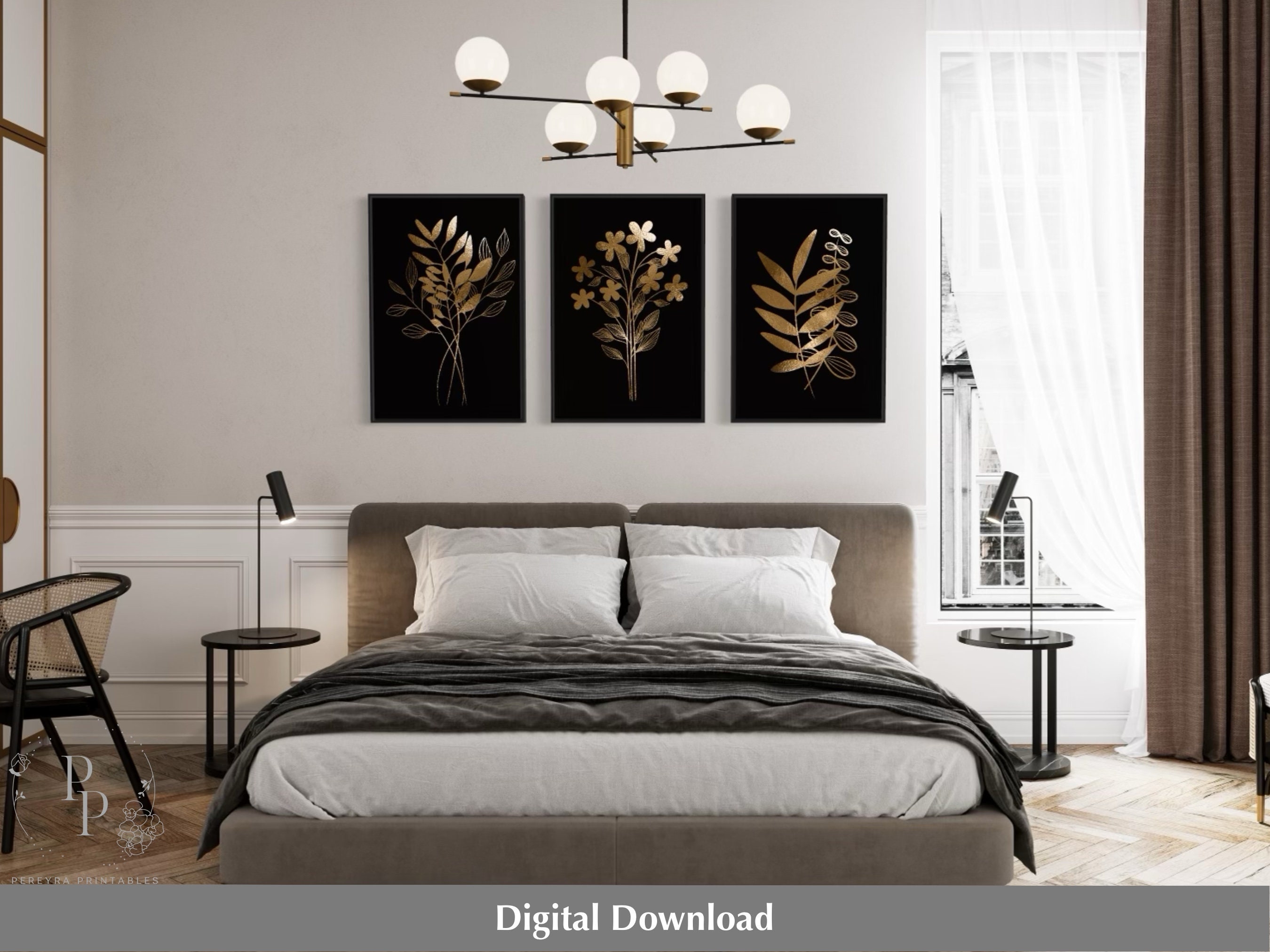 3 Piece Wall Art Black and Gold Art Gold Botanical Digital - Etsy