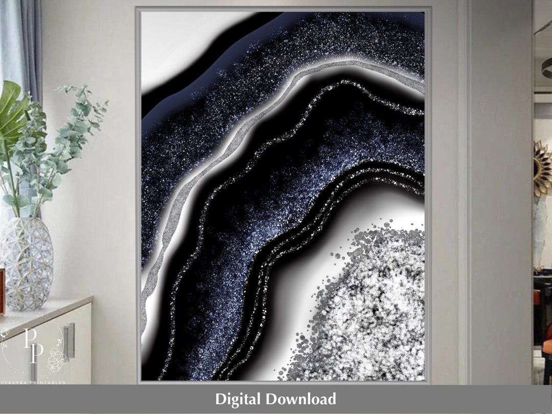 Navy Blue and Silver Art, Printable Wall Art, Agate Print, Geode Print, Cheap Wall Art, Geode
