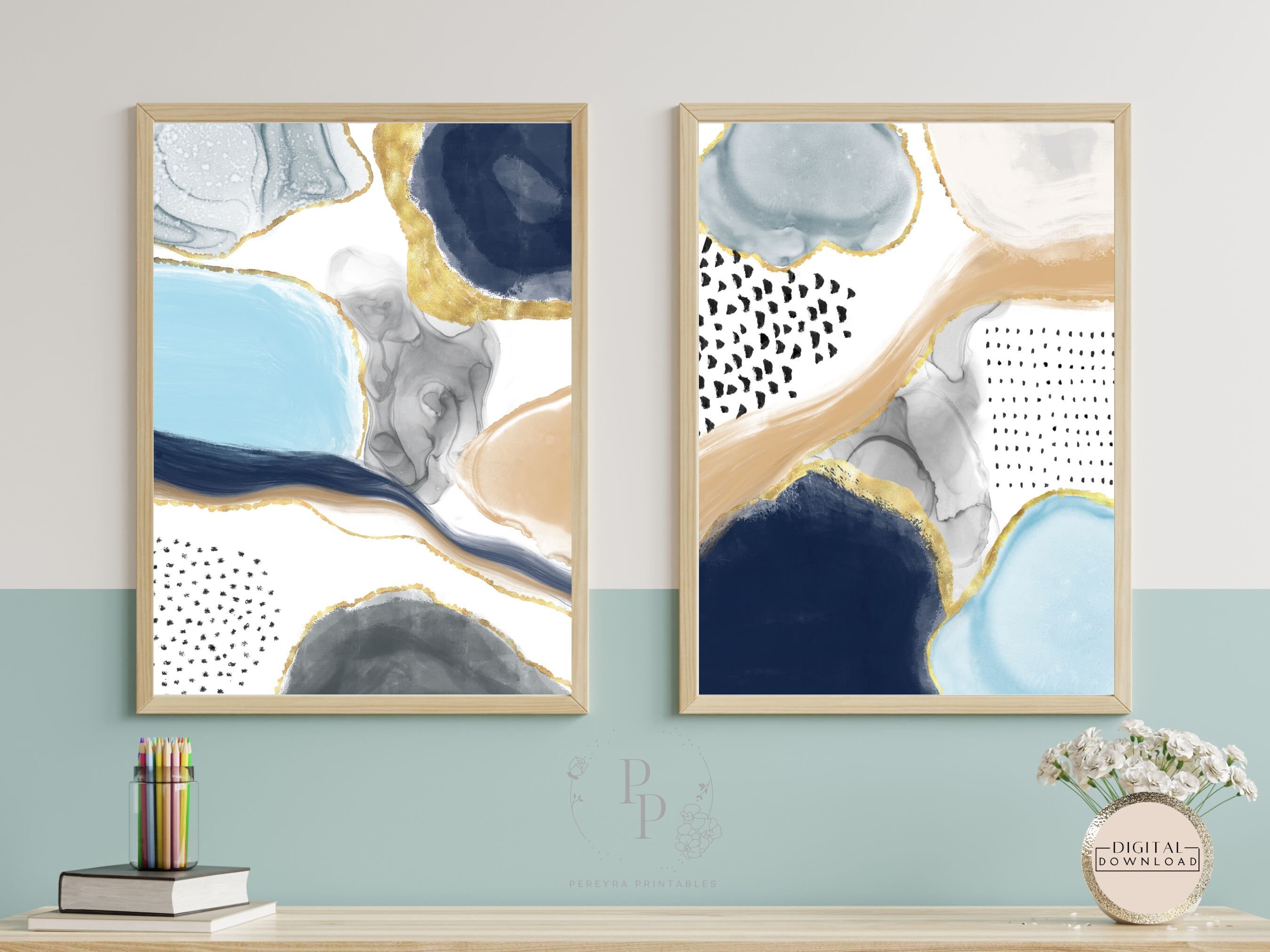 2 Piece Navy Blue Abstract, Printable Wall Art, Blue Watercolor, 2 Set