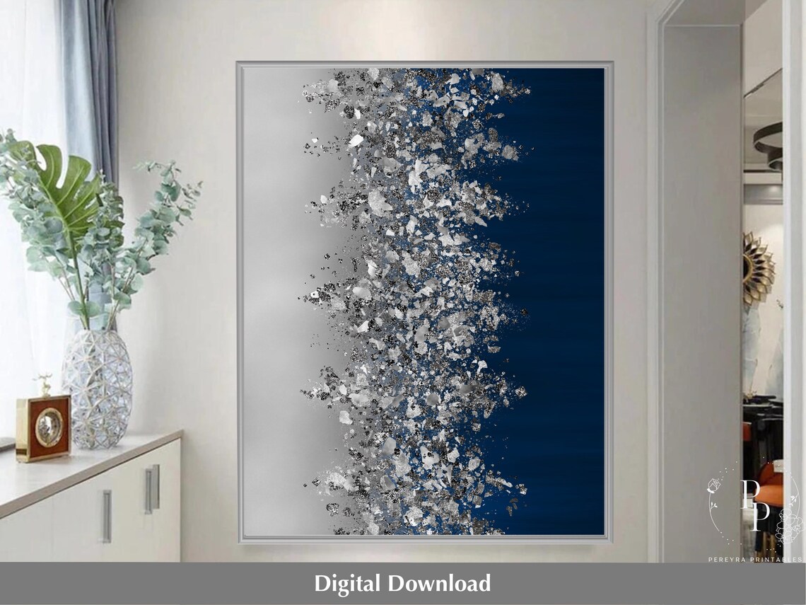 Crushed Glass Wall Art Printable Navy Blue and Silver Etsy