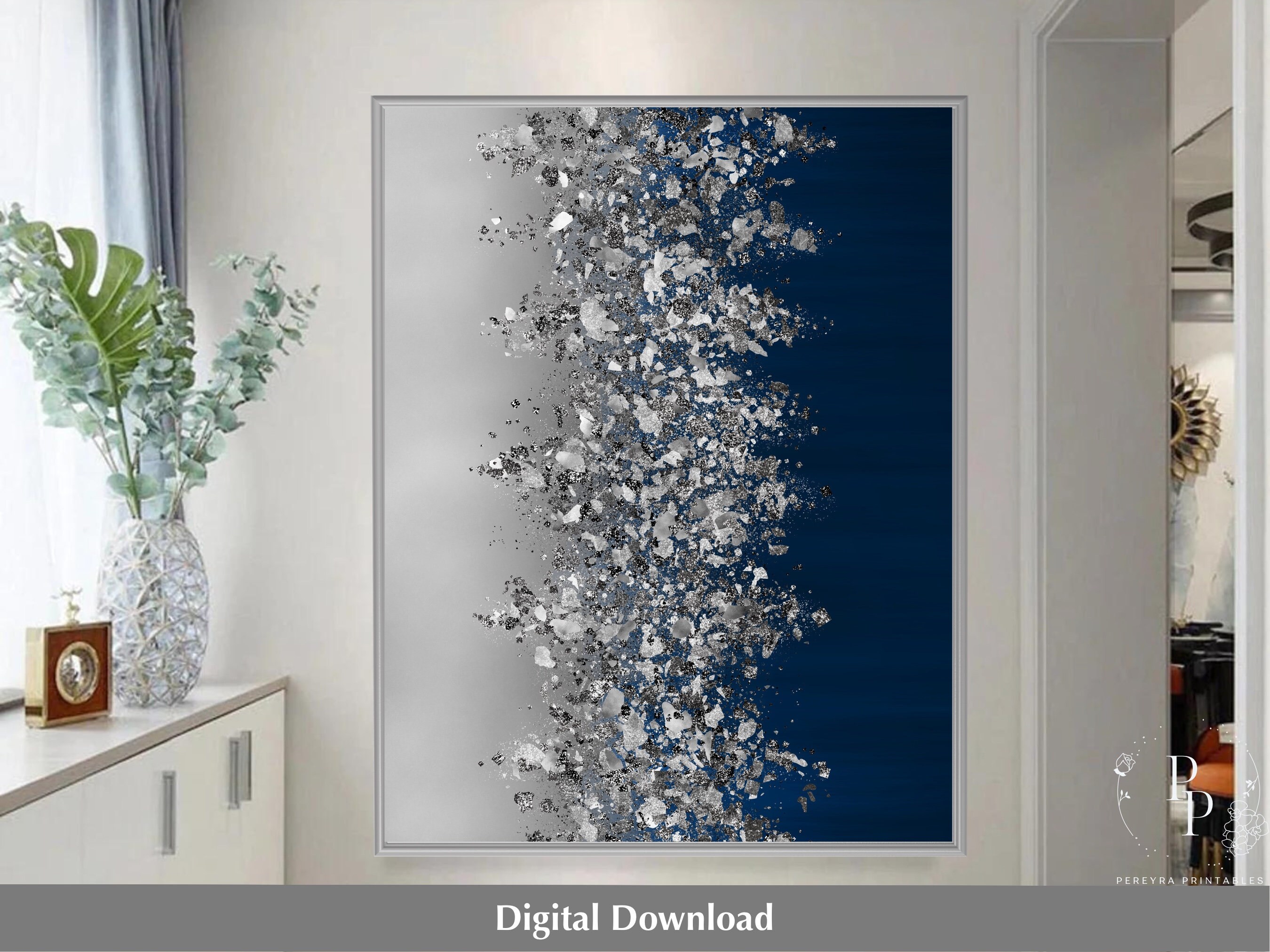 Crushed Glass Wall Art Printable Navy Blue and Silver Etsy