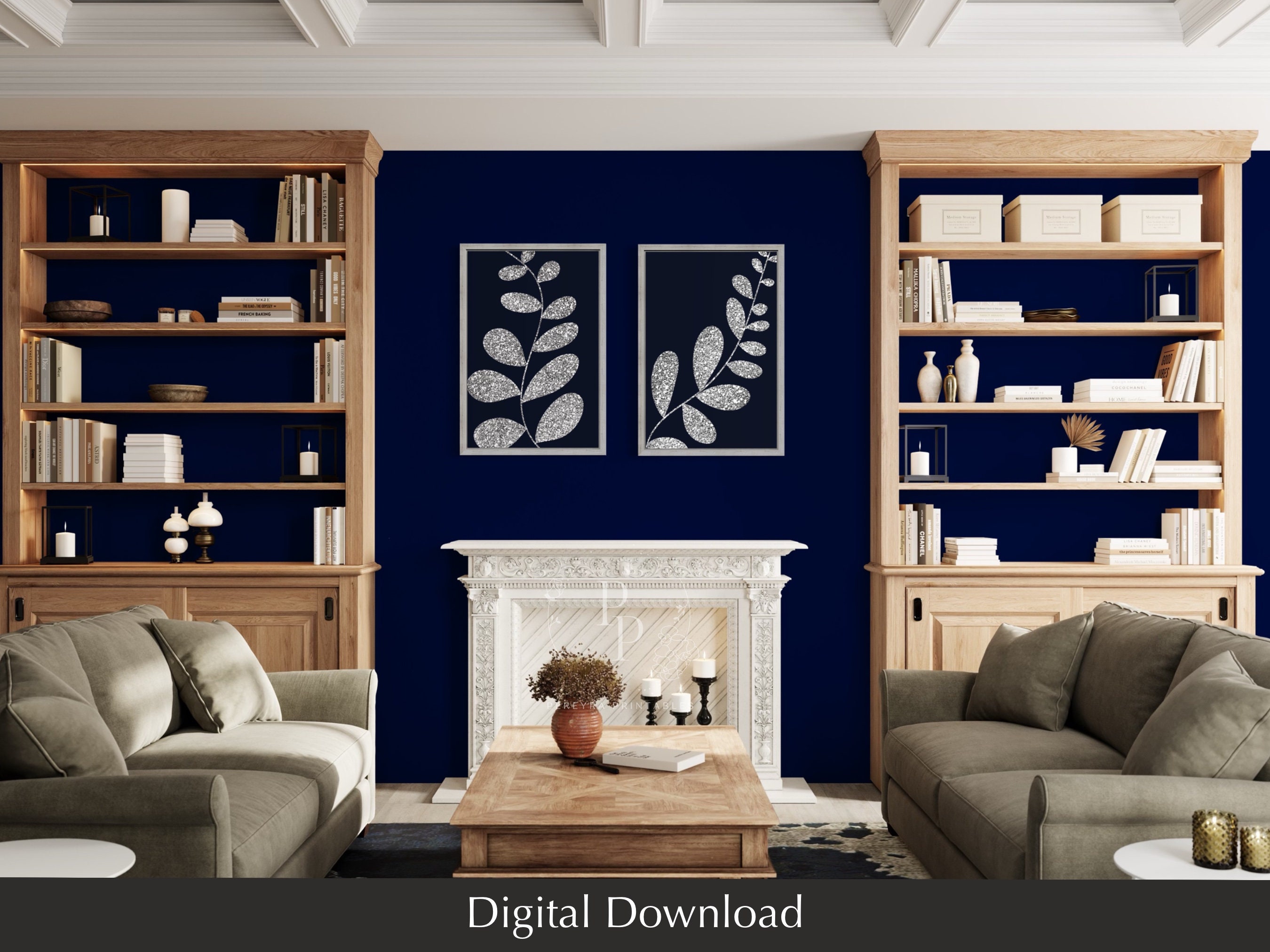 2 Piece Navy Blue and Silver Leaves, Printable Wall Art, Botanical