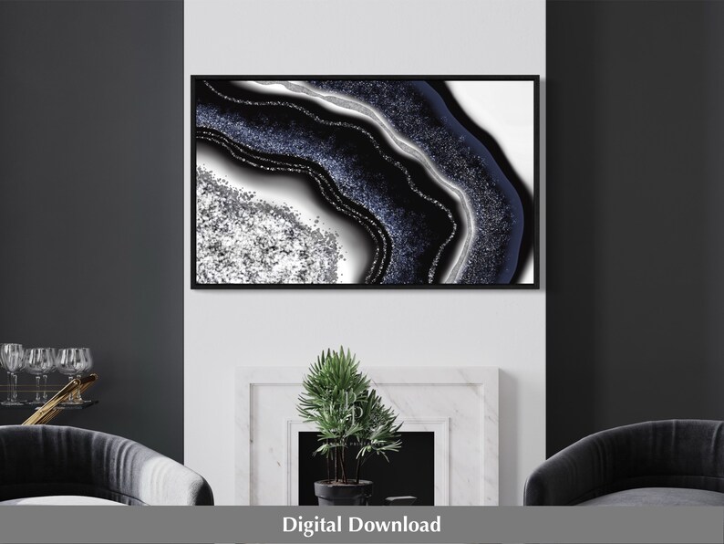 Navy Blue and Silver Art, Printable Wall Art, Agate Print, Geode Print, Cheap Wall Art, Geode