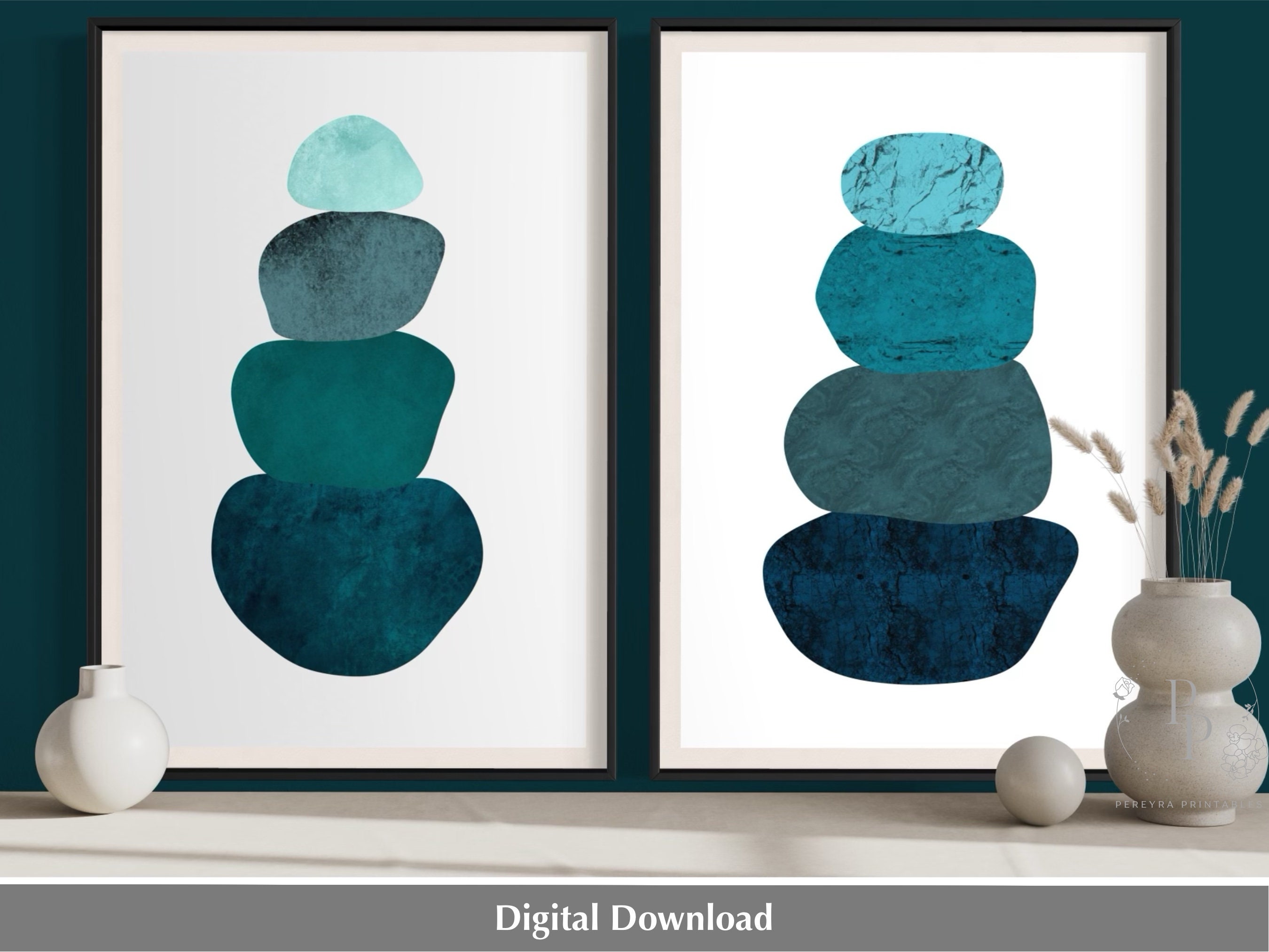 Printable Balancing Rocks 2 Piece Balancing Teal Stones Printable, Stacked Rocks Print, Balancing ...