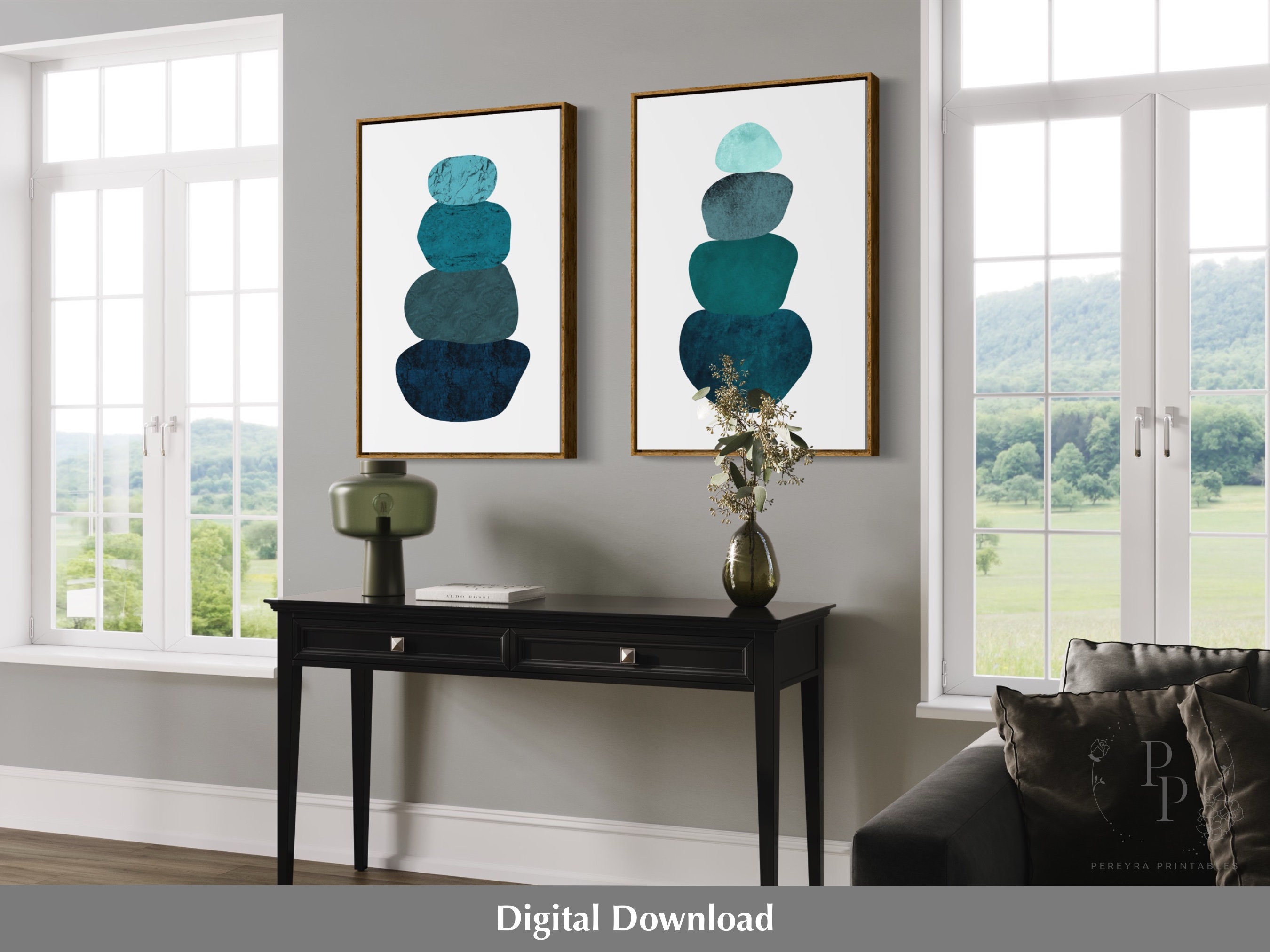 Printable Balancing Rocks 2 Piece Balancing Teal Stones Printable, Stacked Rocks Print, Balancing ...