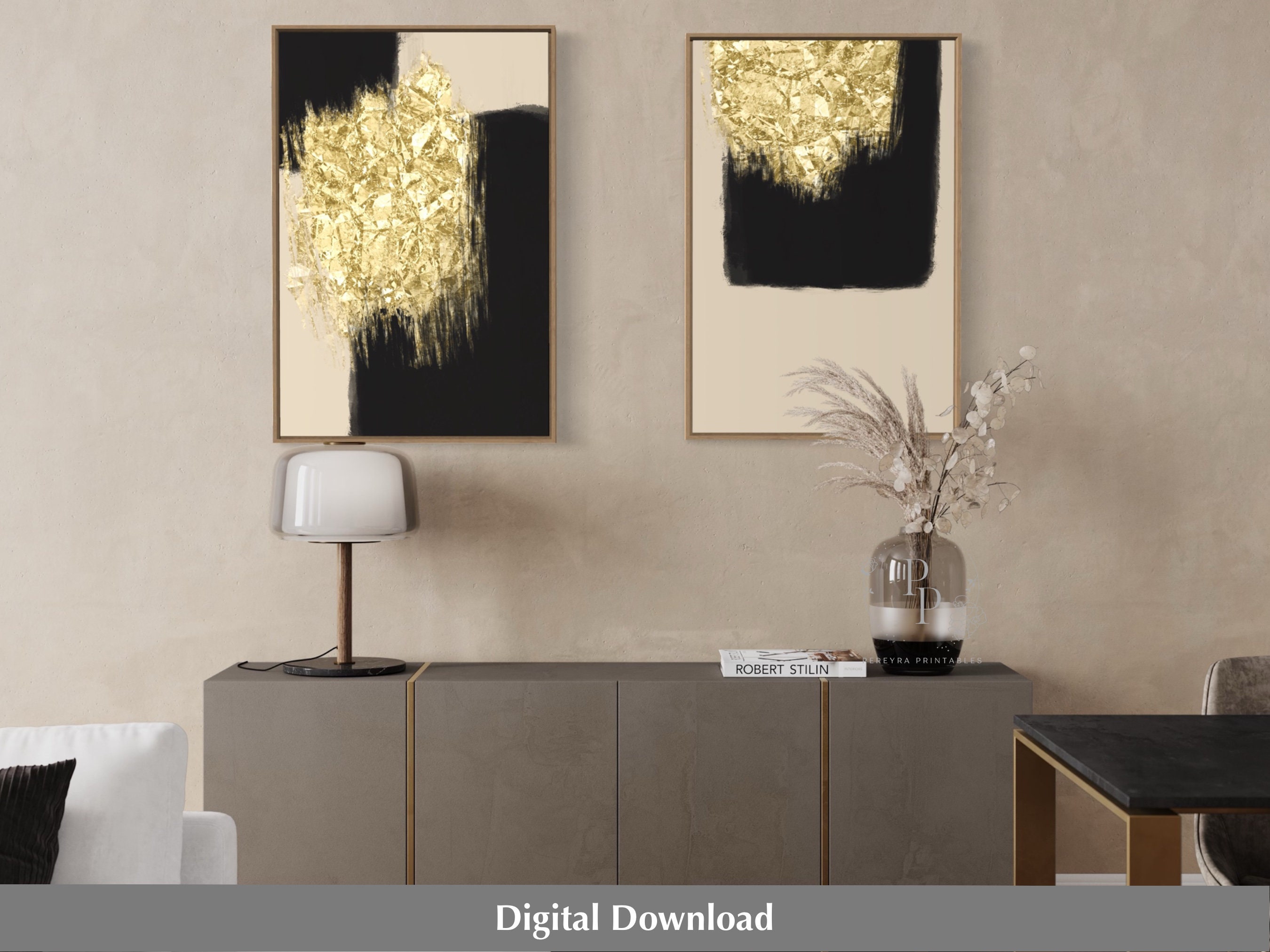 Black and Gold Wall Art Set of 2, Abstract Printable Wall Art ...