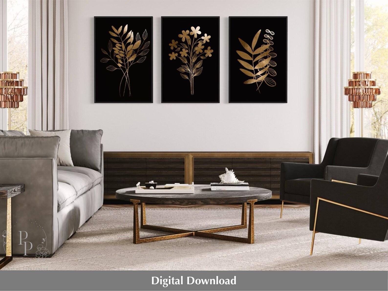 3 Piece Wall Art Black and Gold Art Gold Botanical Digital - Etsy