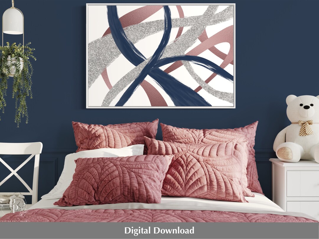 Large Brush Stroke Wall Art, Printable Abstract Painting, Navy Blue Pink and Silver Wall Art