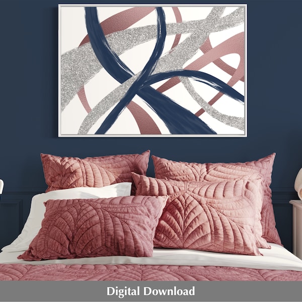 Large brush stroke wall art, printable abstract painting, navy blue pink and silver wall art, modern abstract, girls room decor, rose gold