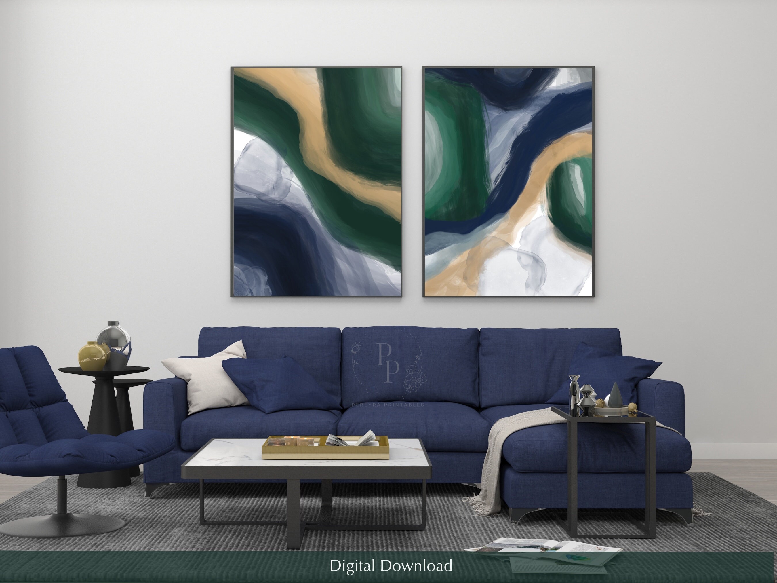 Emerald Green and Navy Blue Wall Art, Printable Art, Set of 2, Organic ...