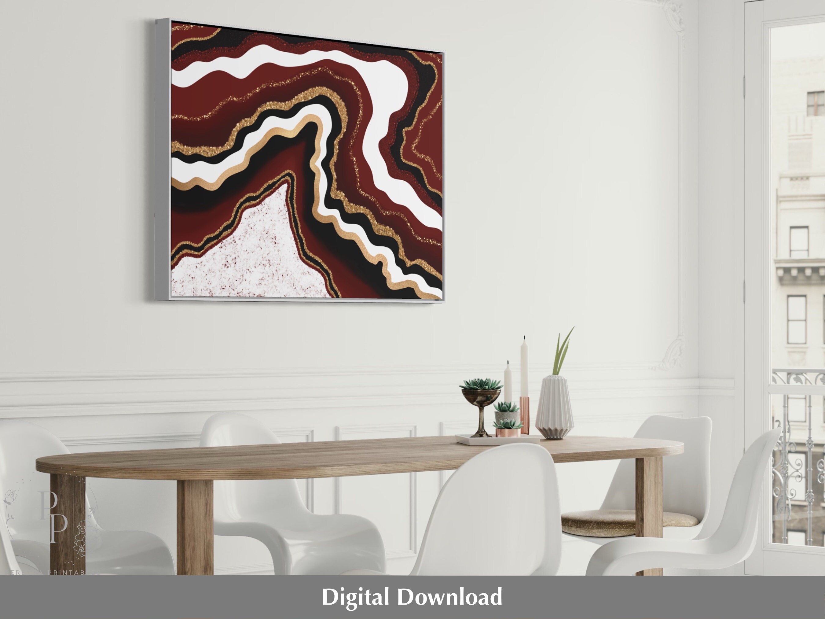 Burgundy Wall Art, Geode Printable, Burgundy Red and Gold Print, Red