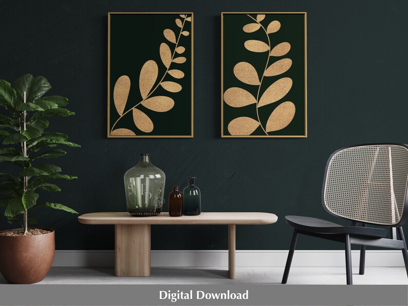 Emerald Green Wall Art, Emerald and Gold Art, Set of 2, Printable Wall Art, Botanical Print