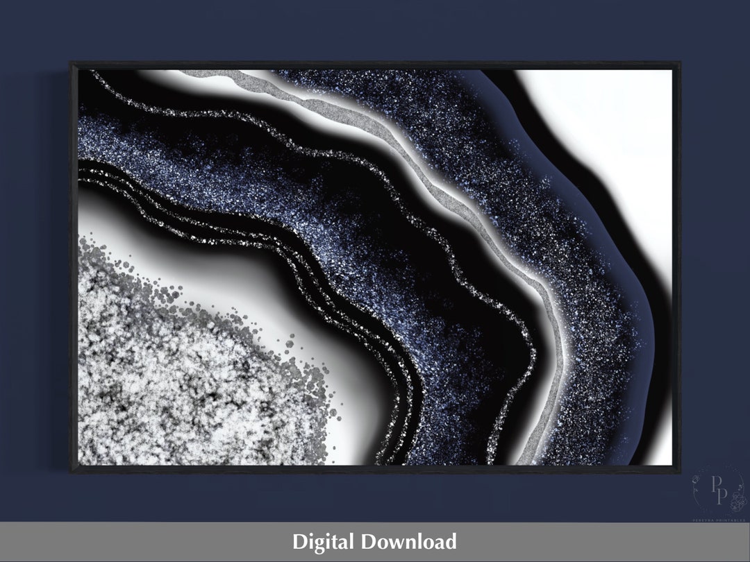 Navy Blue and Silver Art Printable Wall Art Agate Print Etsy
