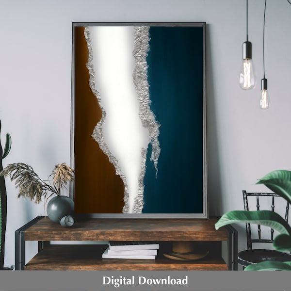 Blue and brown wall art, printable art, abstract wall art, teal and brown, brown and silver art, poster download, elegant art, bedroom decor