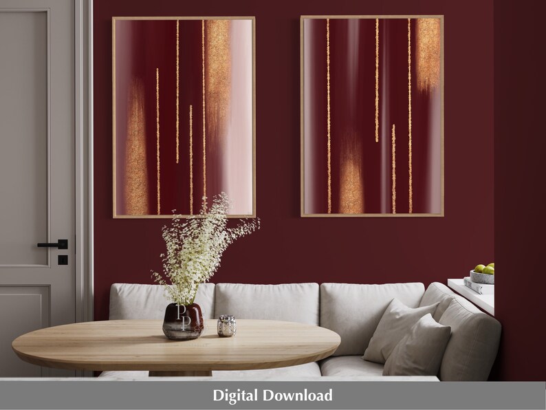 Burgundy and Gold Art, Set of 2, Printable Wall Art, 2 Piece Wall Art ...