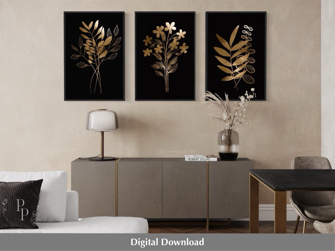 3 Piece Wall Art, Black and Gold Art, Gold Botanical, Digital Print ...