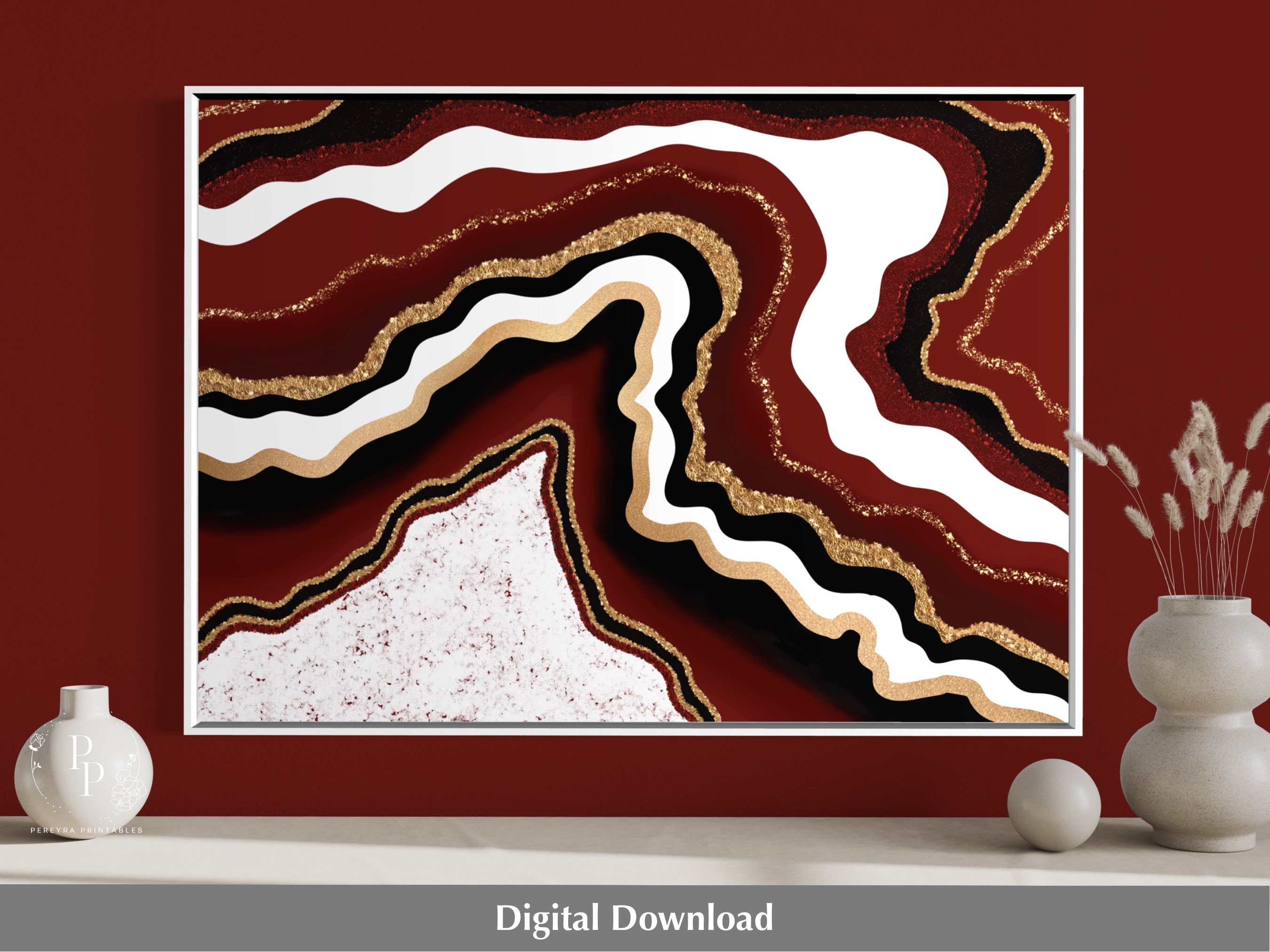 Burgundy Wall Art, Geode Printable, Burgundy Red and Gold Print, Red
