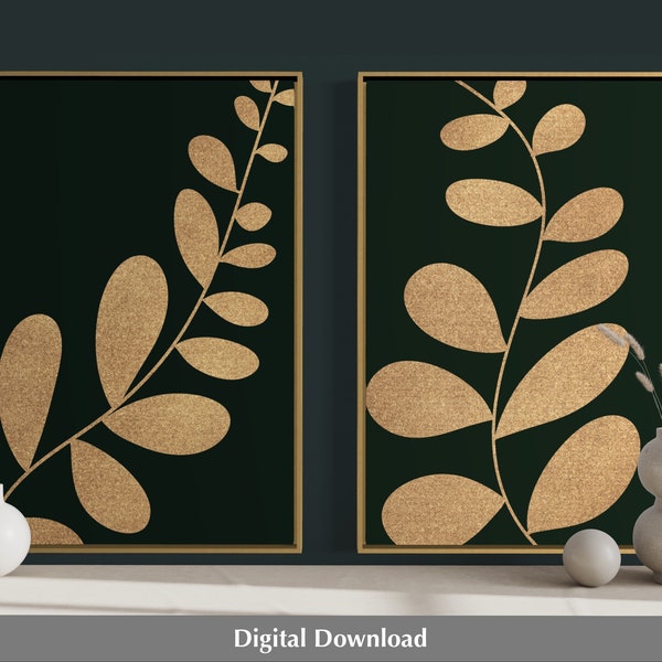 Emerald green wall art, emerald and gold art, set of 2, printable wall art, botanical print, gold leaf foil print, affordable art, above bed