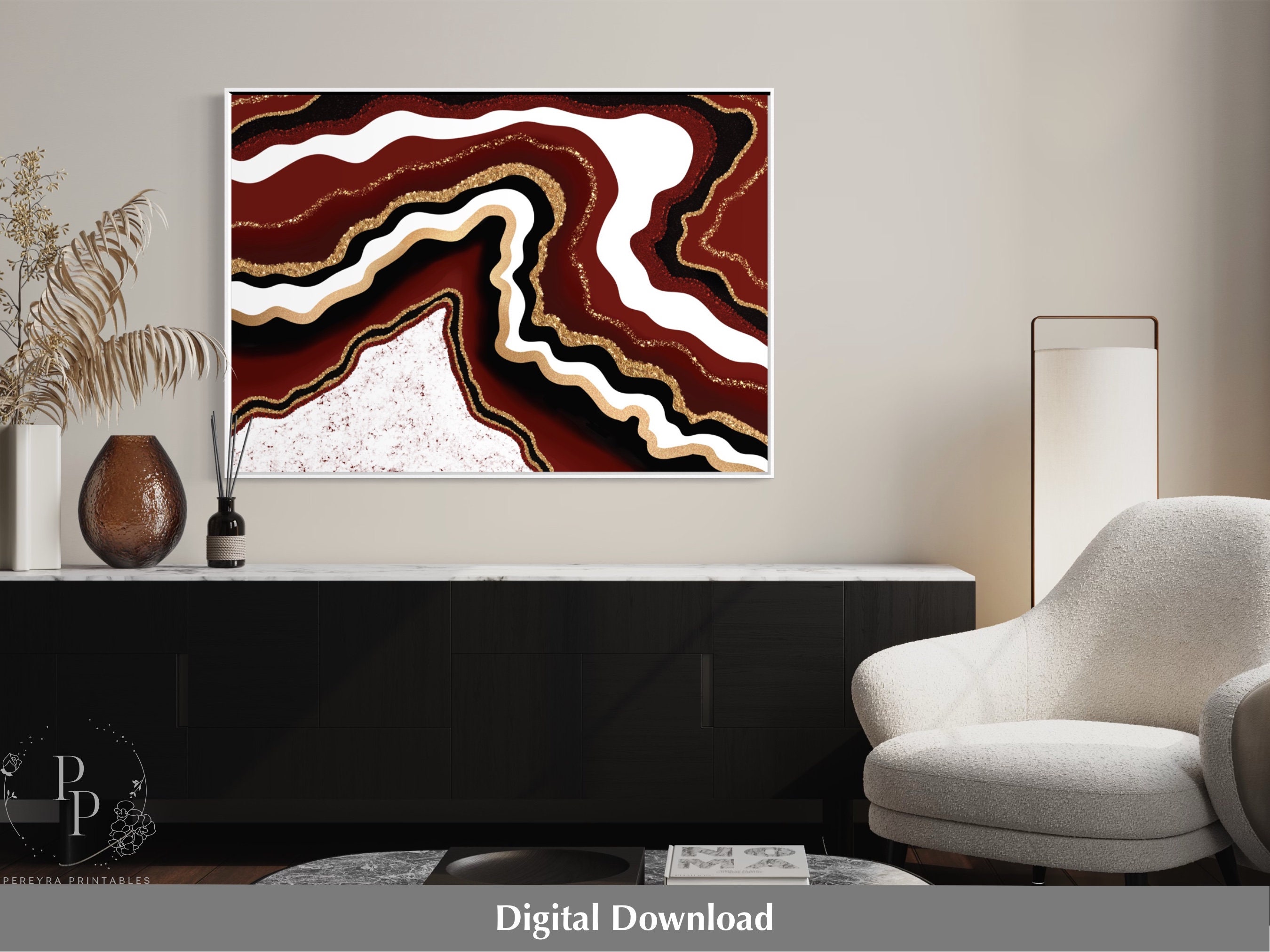 Burgundy Wall Art, Geode Printable, Burgundy Red and Gold Print, Red
