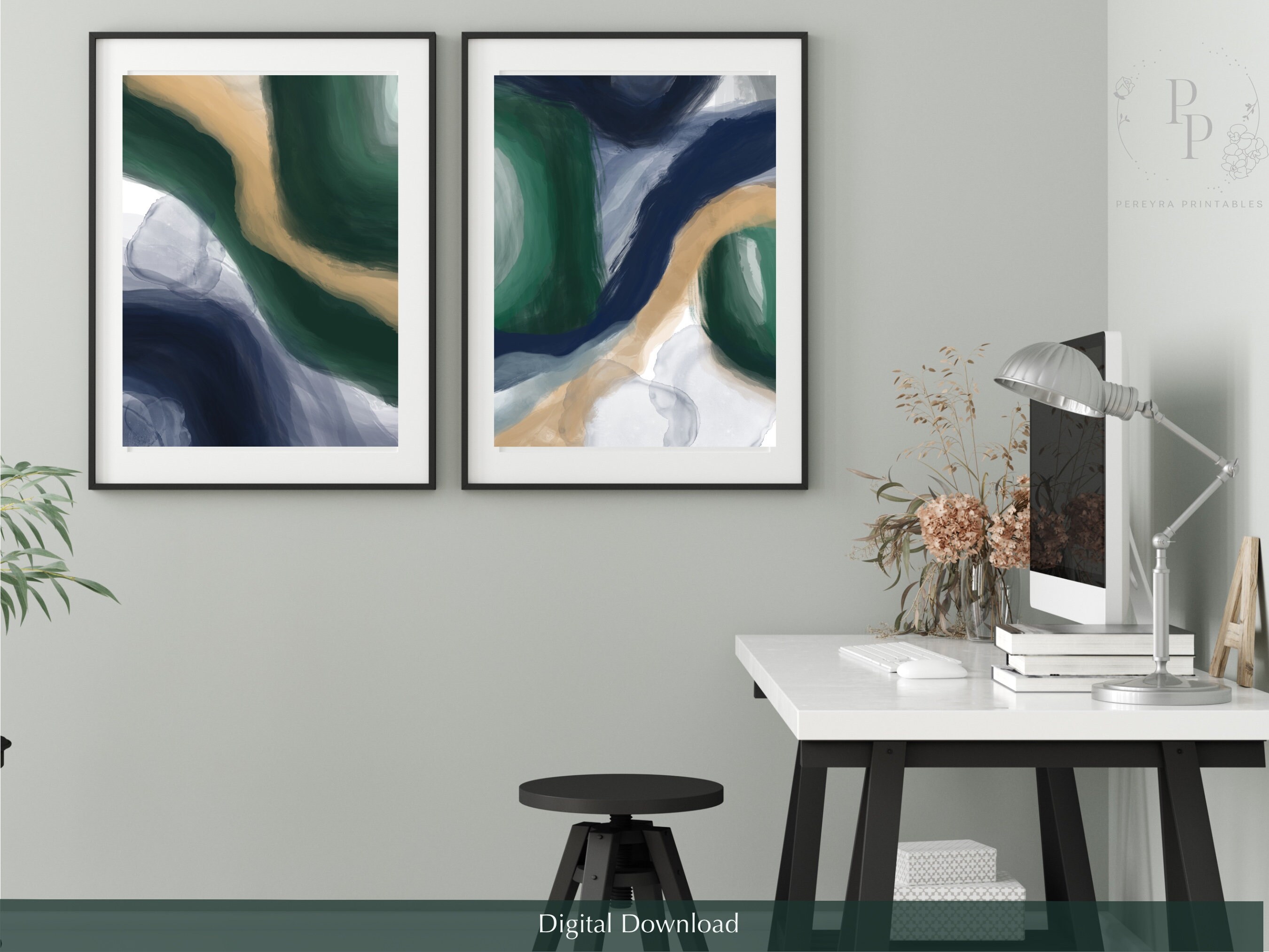 Emerald Green and Navy Blue Wall Art, Printable Art, Set of 2, Organic ...