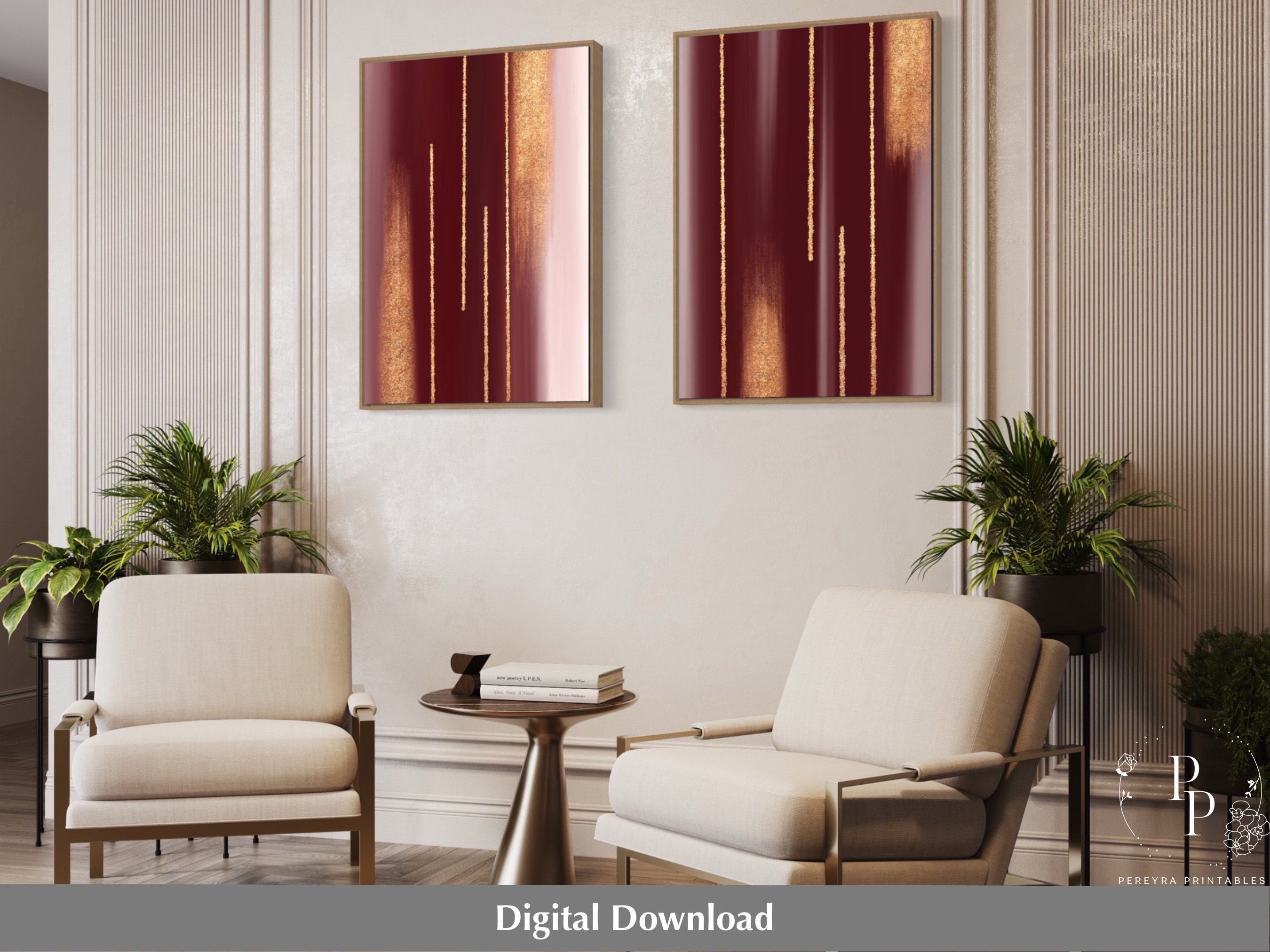 Burgundy and Gold Art, Set of 2, Printable Wall Art, 2 Piece Wall Art ...