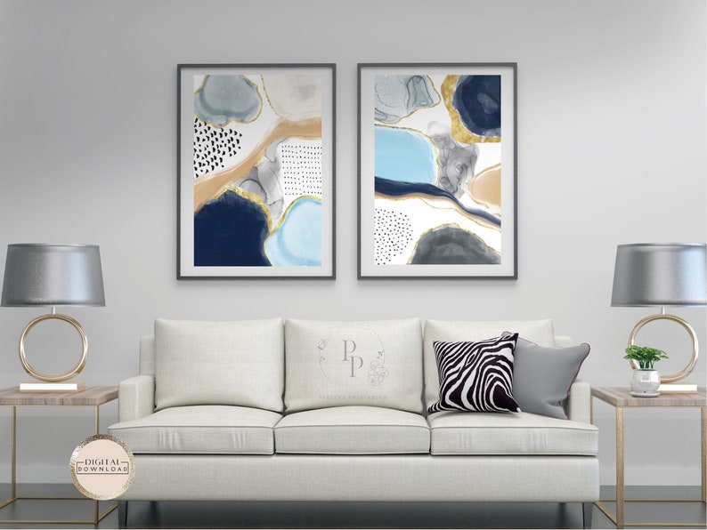 2 Piece Navy Blue Abstract, Printable Wall Art, Blue Watercolor, 2 Set