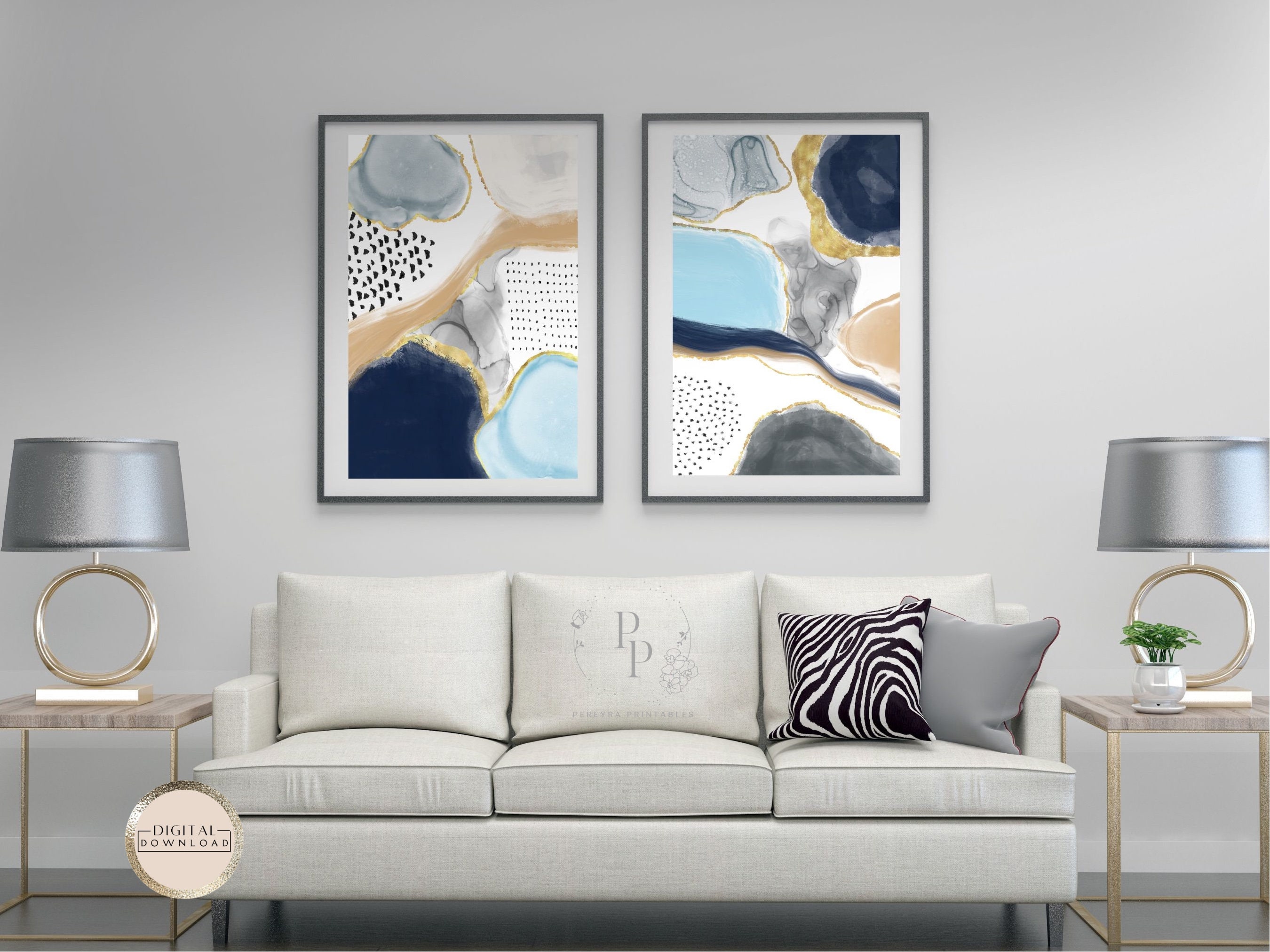 2 Piece Navy Blue Abstract, Printable Wall Art, Blue Watercolor, 2 Set