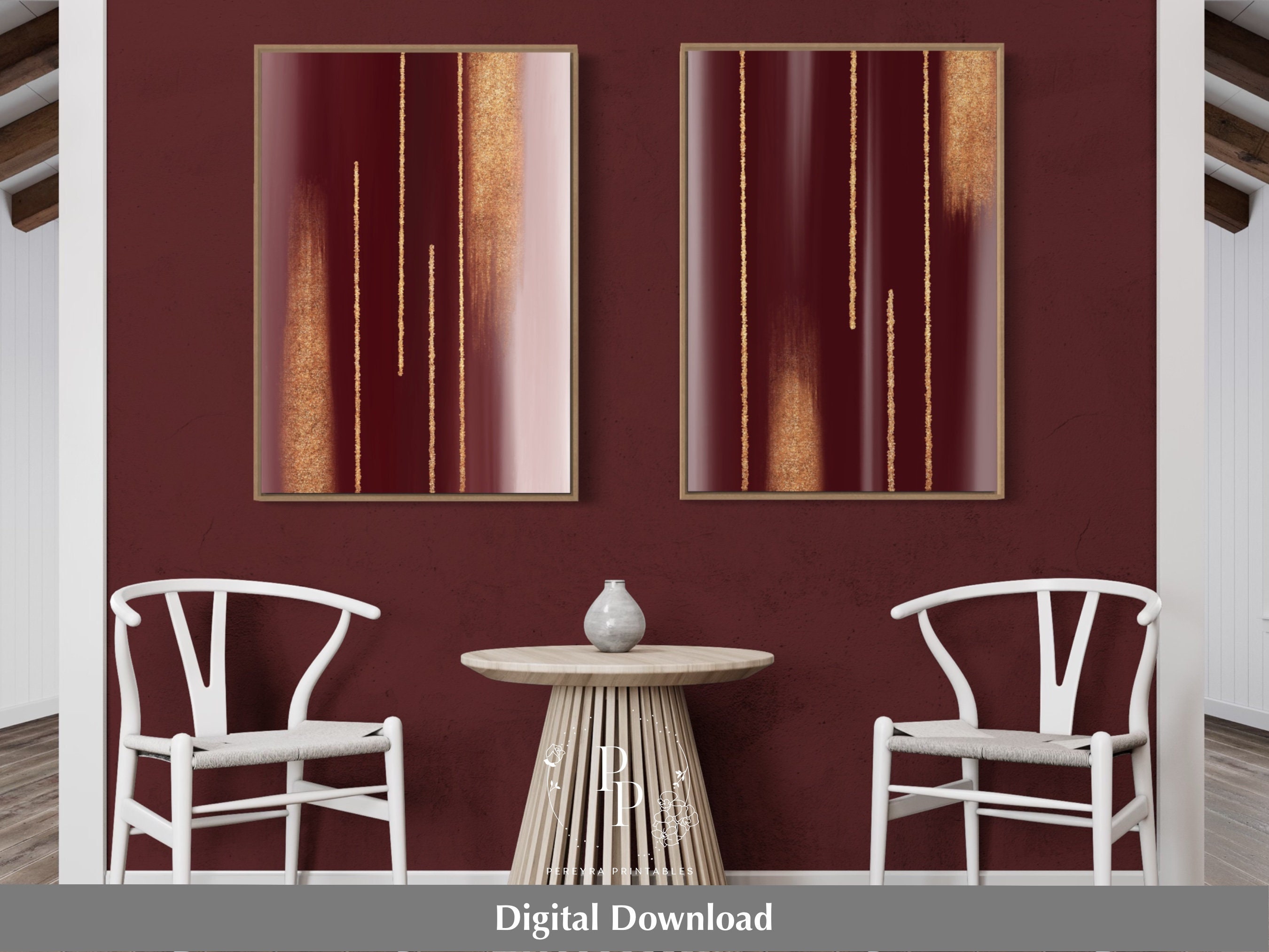 Burgundy and Gold Art, Set of 2, Printable Wall Art, 2 Piece Wall Art ...