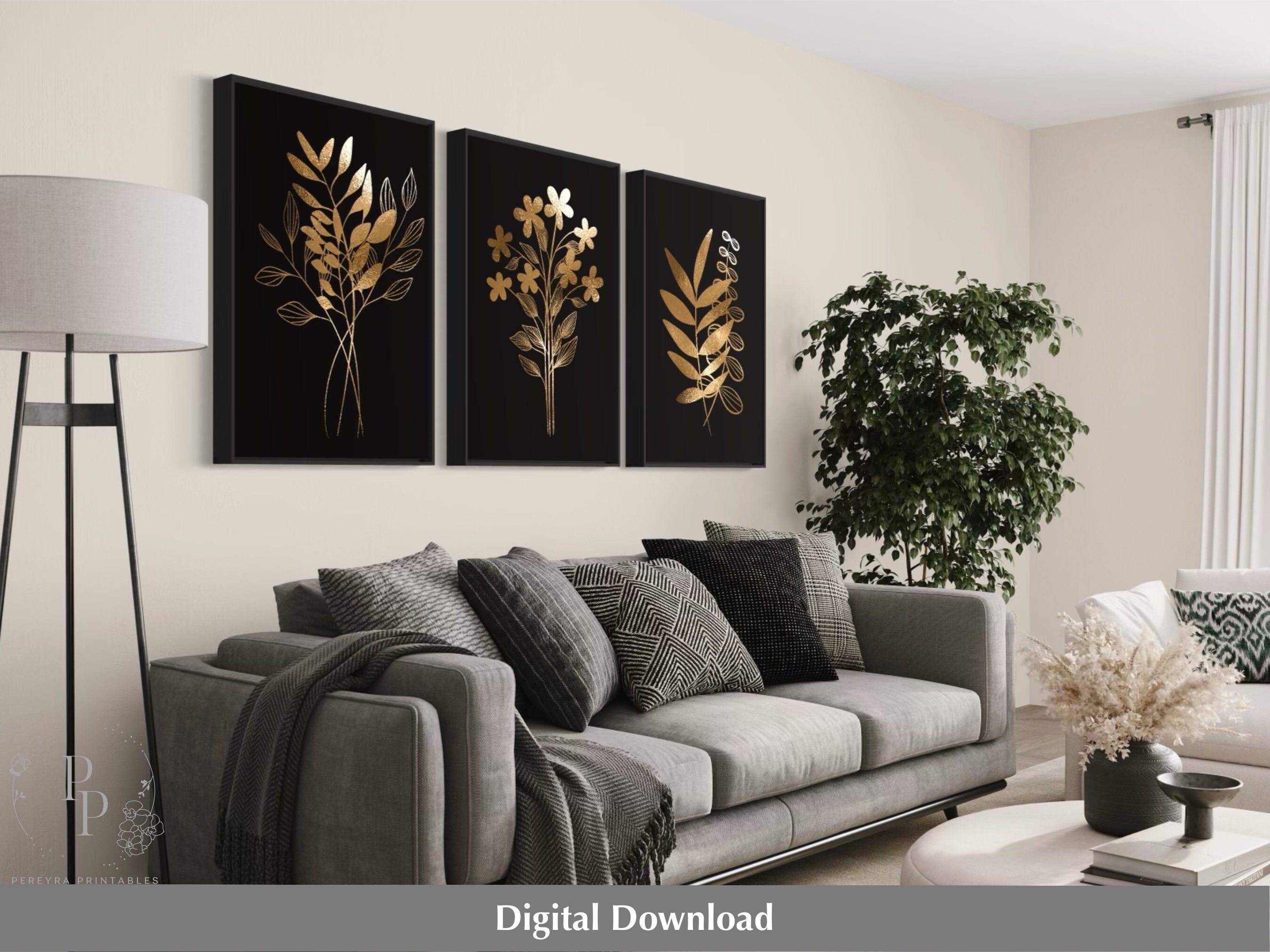 3 Piece Wall Art Black and Gold Art Gold Botanical Digital - Etsy