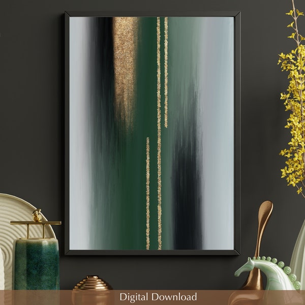 Emerald green wall art, emerald and gold abstract, printable wall art, modern minimalist, above bed art, elegant art, affordable art