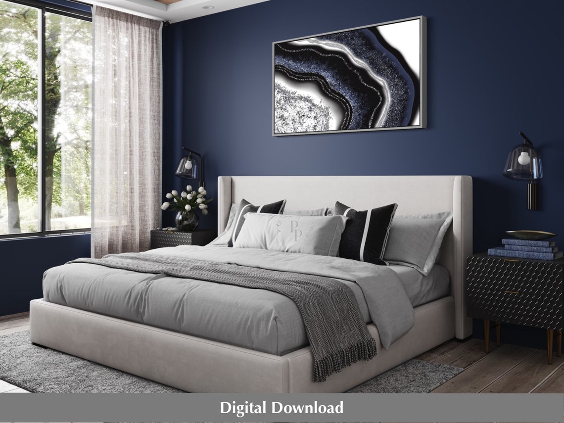 Navy Blue and Silver Art, Printable Wall Art, Agate Print, Geode Print, Cheap Wall Art, Geode