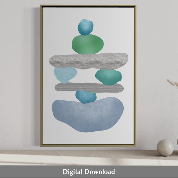 Balancing sea glass, printable art, balancing stones, pebble print, stacked rocks, beach inspired, coastal stone art, turquoise sea glass