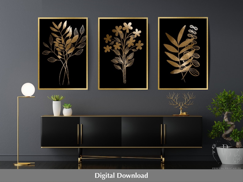 3 Piece Wall Art, Black and Gold Art, Gold Botanical, Digital Print