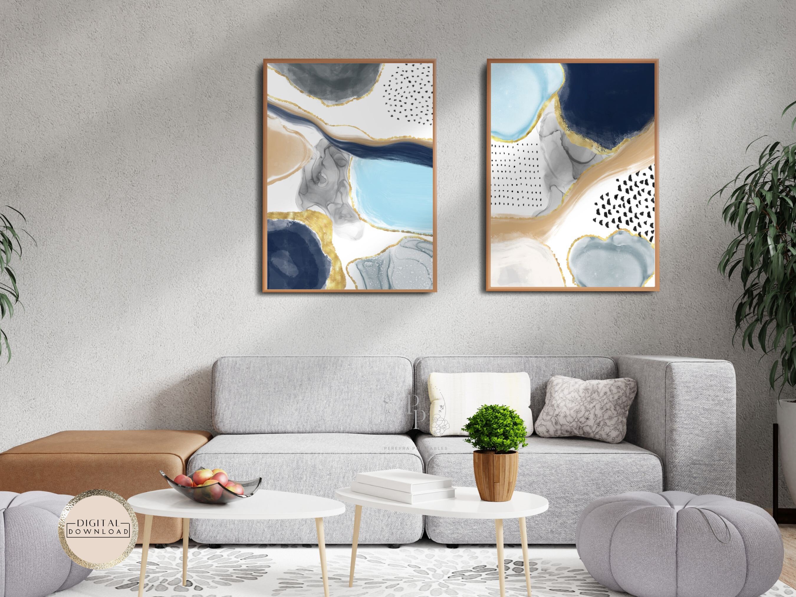 2 Piece Navy Blue Abstract, Printable Wall Art, Blue Watercolor, 2 Set