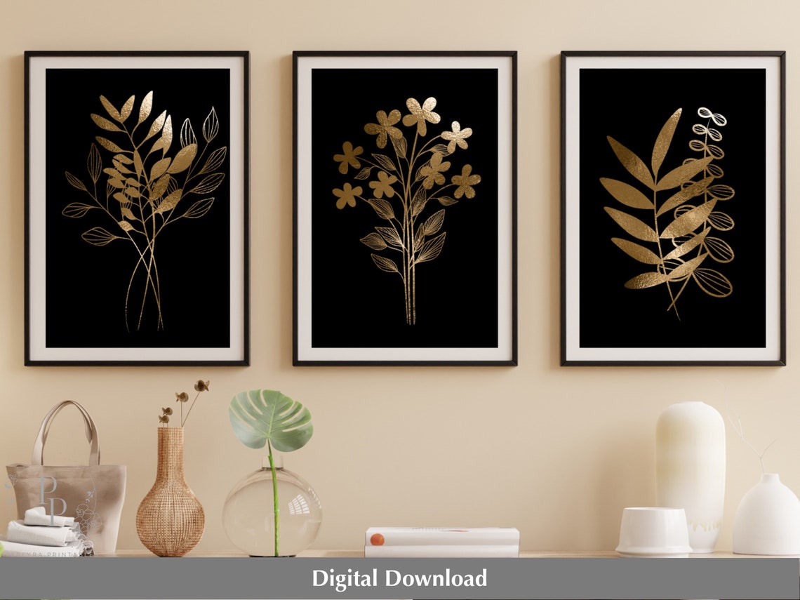 3 Piece Wall Art, Black and Gold Art, Gold Botanical, Digital Print ...