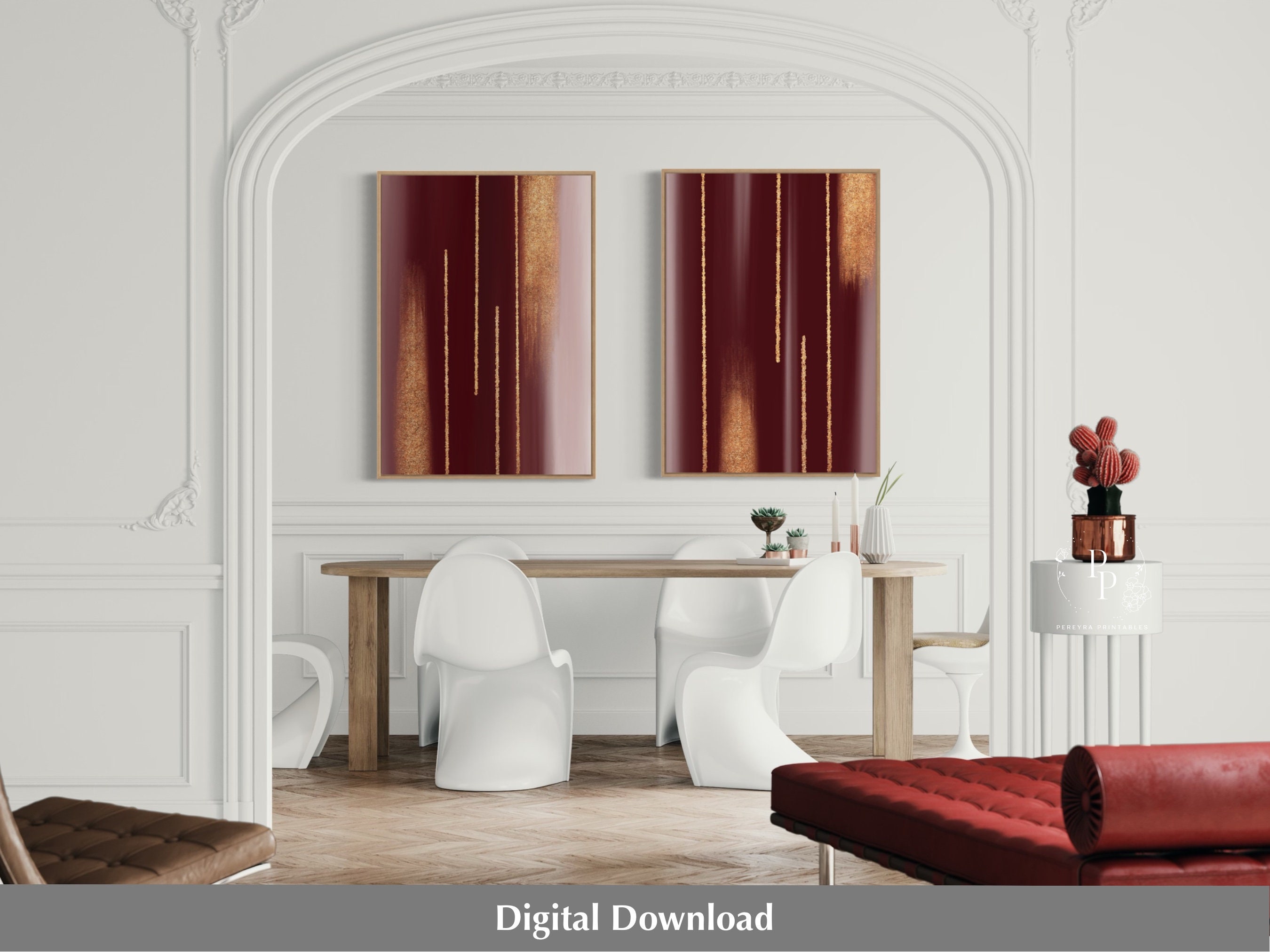 Burgundy and Gold Art, Set of 2, Printable Wall Art, 2 Piece Wall Art ...