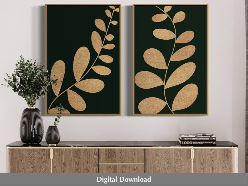 Emerald Green Wall Art, Emerald and Gold Art, Set of 2, Printable Wall Art, Botanical Print