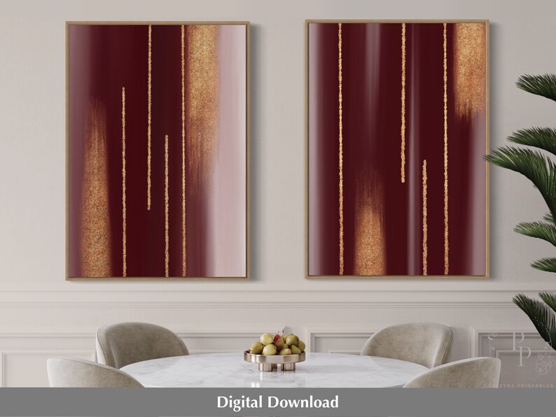 Burgundy and Gold Art, Set of 2, Printable Wall Art, 2 Piece Wall Art, Maroon Art, Red and Gold