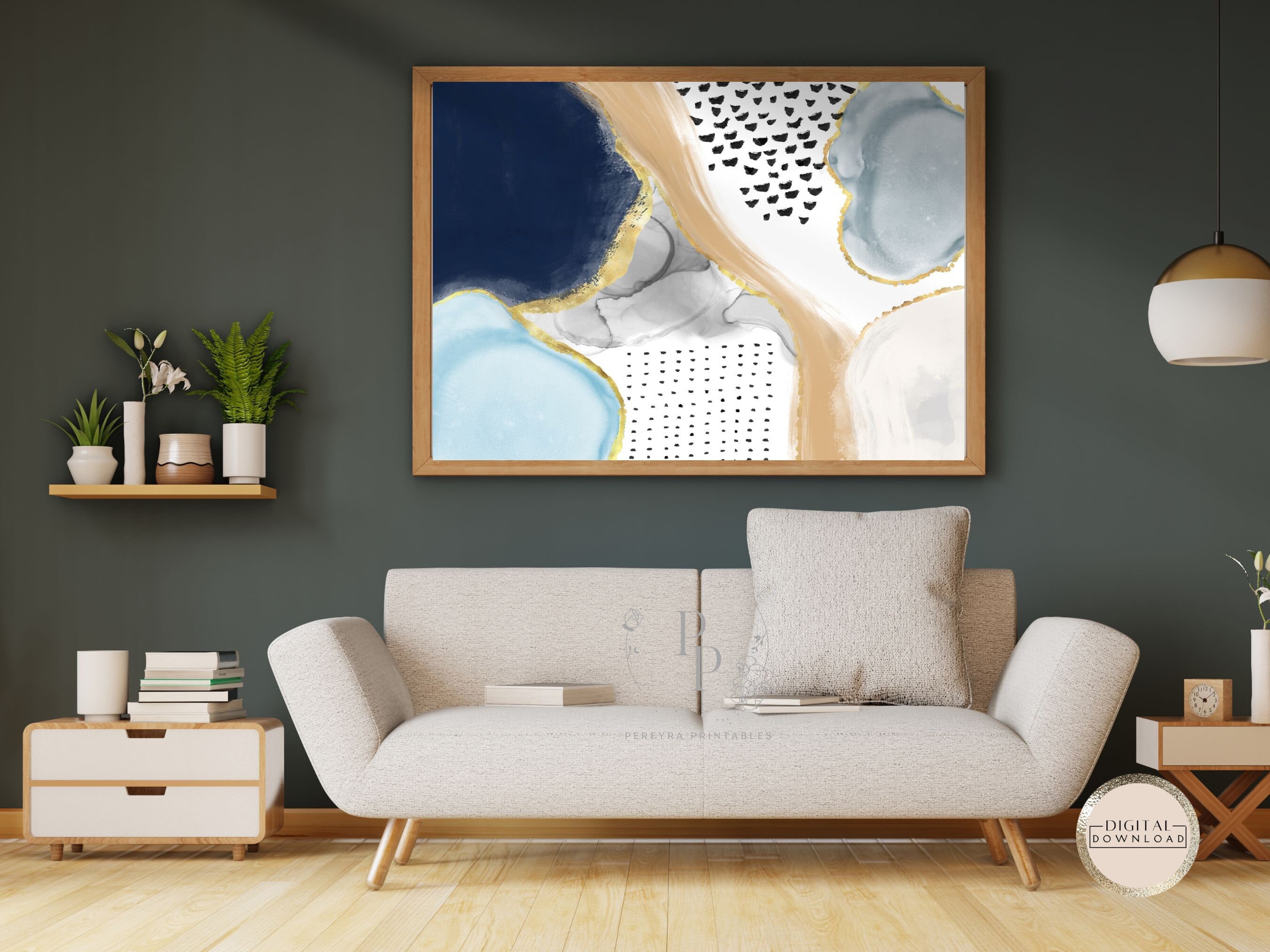 2 Piece Navy Blue Abstract, Printable Wall Art, Blue Watercolor, 2 Set