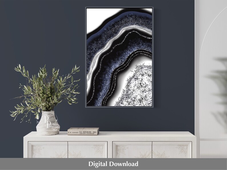 Navy Blue and Silver Art, Printable Wall Art, Agate Print, Geode Print, Cheap Wall Art, Geode