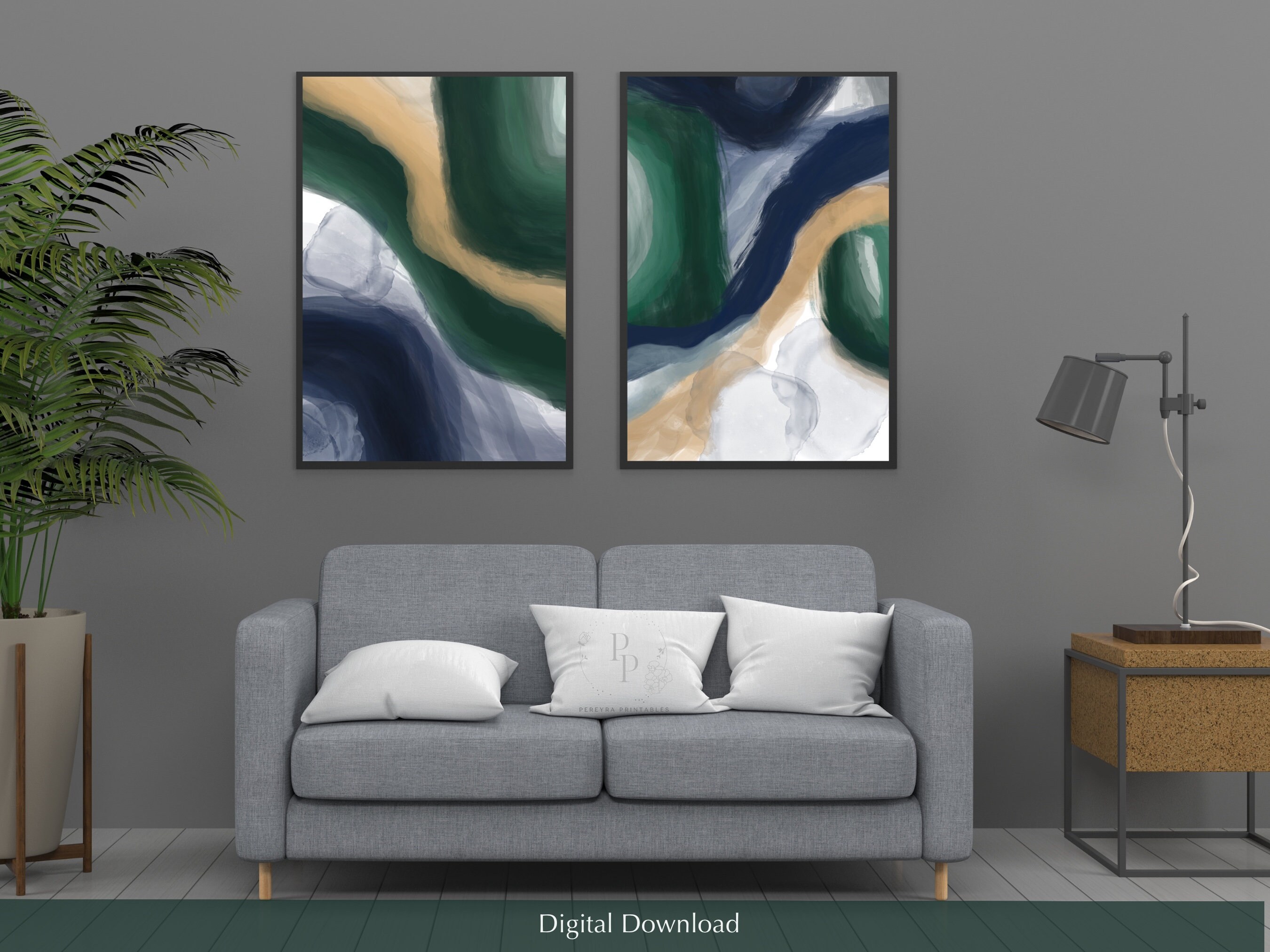 Emerald Green and Navy Blue Wall Art, Printable Art, Set of 2, Organic ...