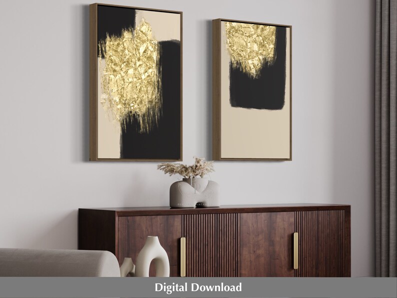 Black and Gold Wall Art Set of 2 Abstract Printable Wall Art Etsy