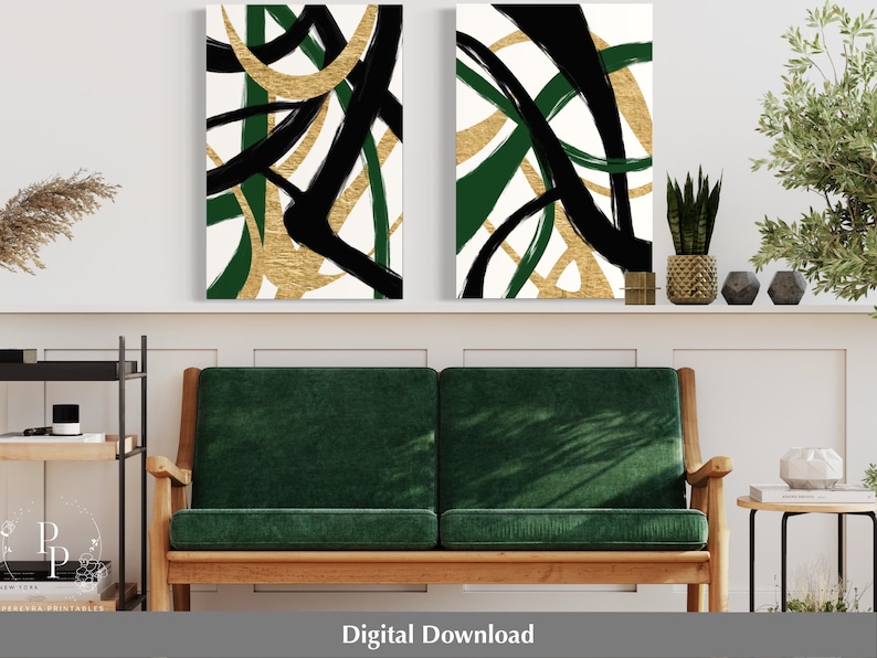 Emerald Green Decor 2 Piece Wall Art Green Black and Gold Etsy