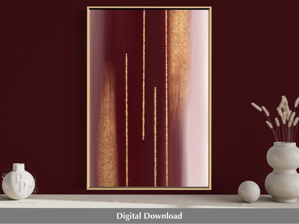 Burgundy and Gold Abstract Printable Wall Art Modern Etsy