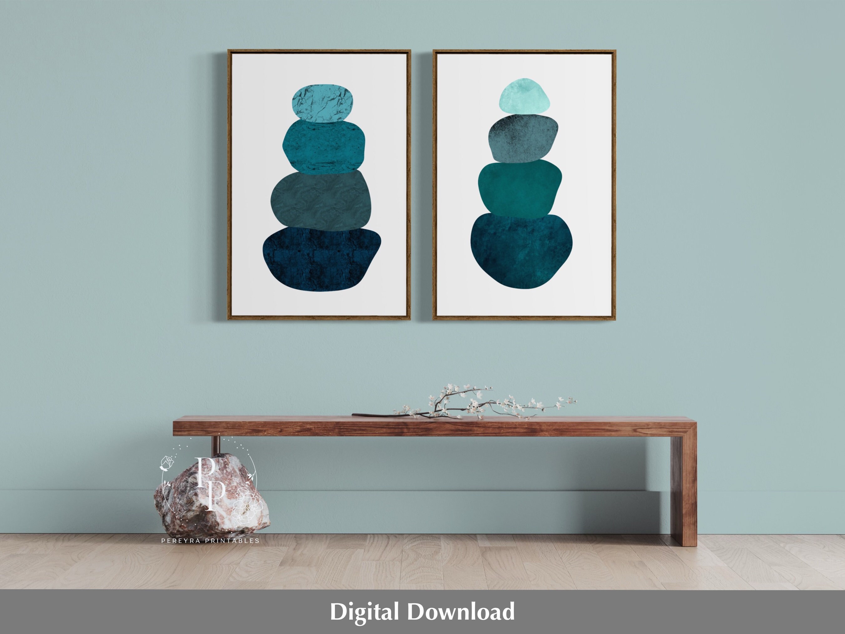 Printable Balancing Rocks 2 Piece Balancing Teal Stones Printable, Stacked Rocks Print, Balancing ...